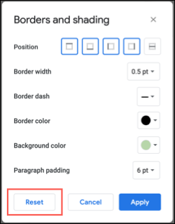 Redefinir bordas e sombreamento no Google Docs