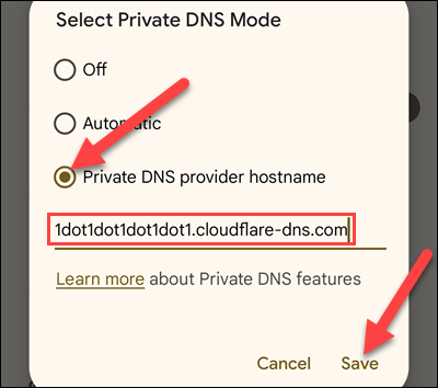 Digite as informações de DNS e toque em "Salvar".