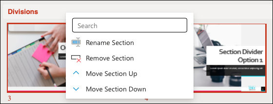 Ações de seções no PowerPoint na Web