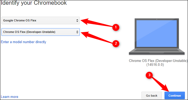 Clique em selecionar o fabricante e defina como "Google Chrome OS Flex".  Em seguida, clique em "Selecionar um produto" e defina como "Chrome OS Flex(Developer-Unstable)".  Clique em "Continuar".