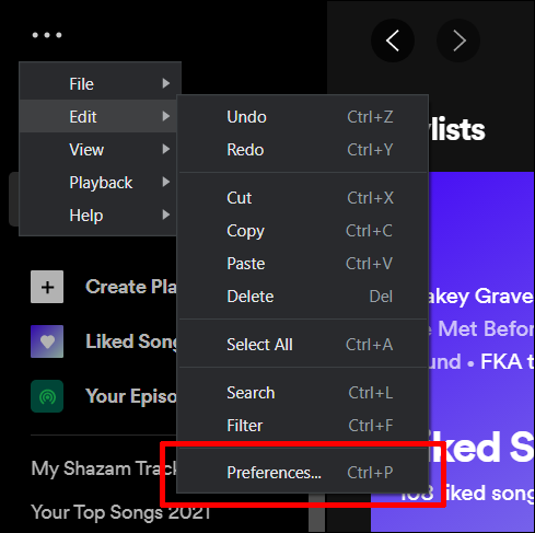 Escolha a seleção do menu de preferências no Spotify.