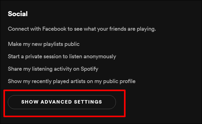 Clique na opção do menu de configurações avançadas do Spotify.