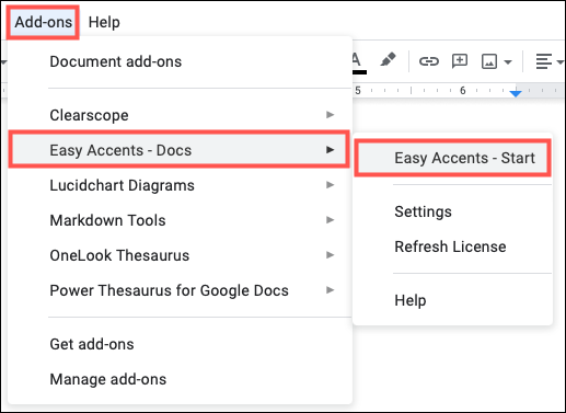 Easy Accents Comece no menu Add-ons