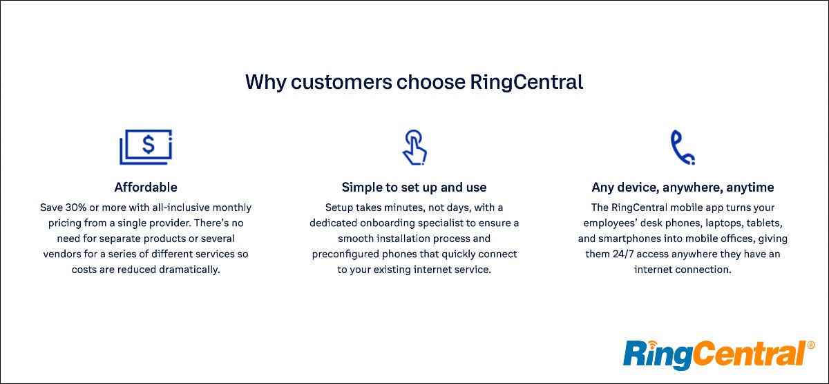 Os benefícios do RingCentral incluem acessibilidade, facilidade de uso e flexibilidade do dispositivo