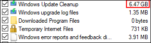 Exemplo de limpeza do sistema, com tamanho das sobras de atualização do Windows na caixa vermelha