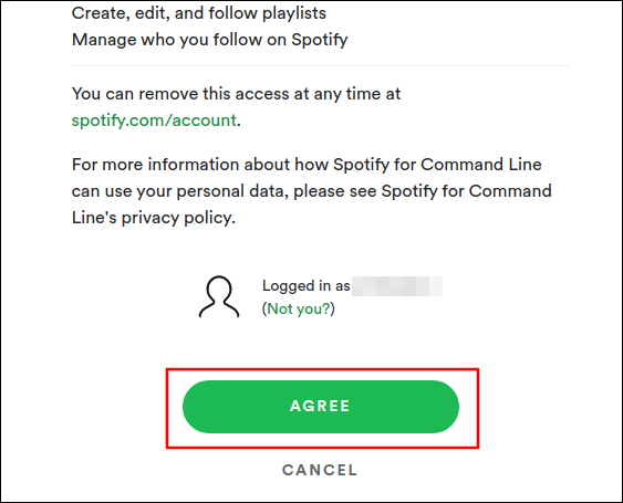 Concorde em dar permissões ao seu aplicativo Spotify.