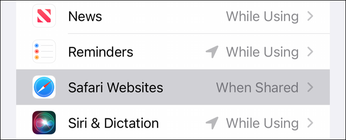 Configurações de localização para sites do Safari no iOS