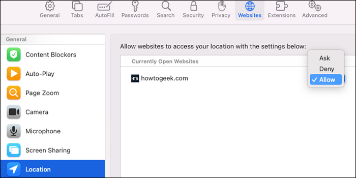 Permitir acesso à localização para um site no macOS Safari