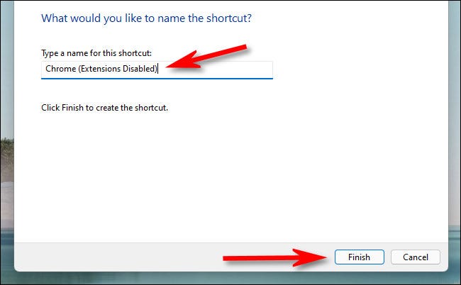 Digite um nome de atalho e clique em “Concluir”.