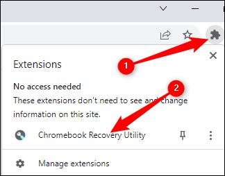 Clique na peça do quebra-cabeça para abrir a lista de extensões.  Em seguida, clique em "Utilitário de recuperação do Chromebook".