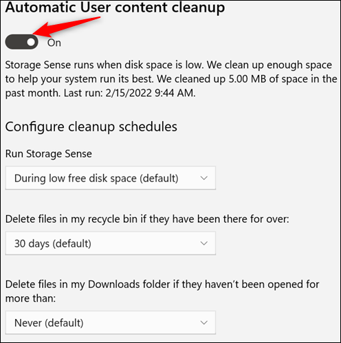 Clique no botão "Limpeza automática de conteúdo do usuário" para Ativar.
