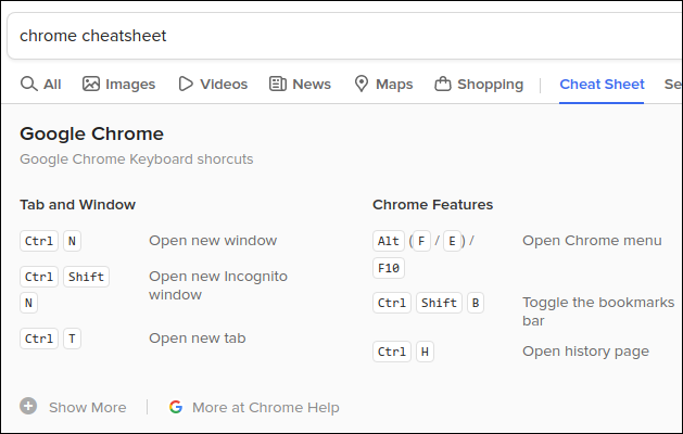 Folha de dicas de atalho do navegador Chrome no DuckDuckGo