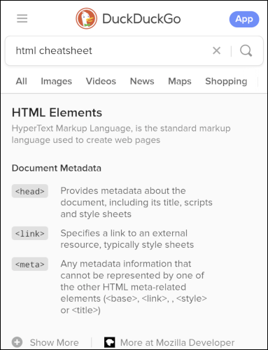 Folha de dicas de tags HTML no DuckDuckGo.