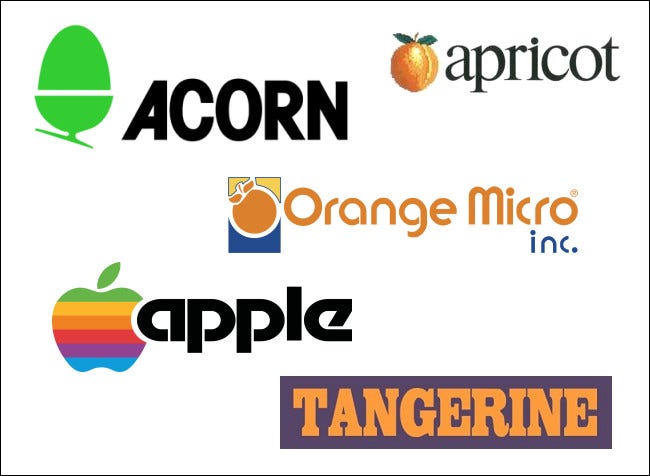 Cinco diferentes logotipos de empresas de computadores relacionados a frutas vintage