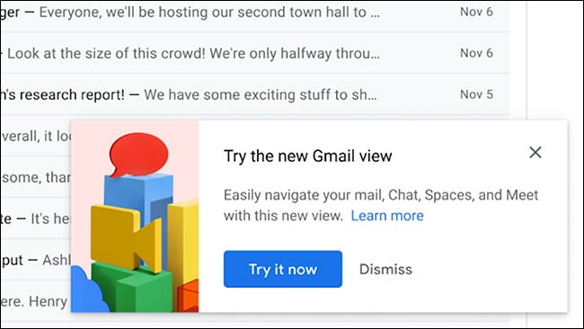 Gmail pedindo para usar o novo layout
