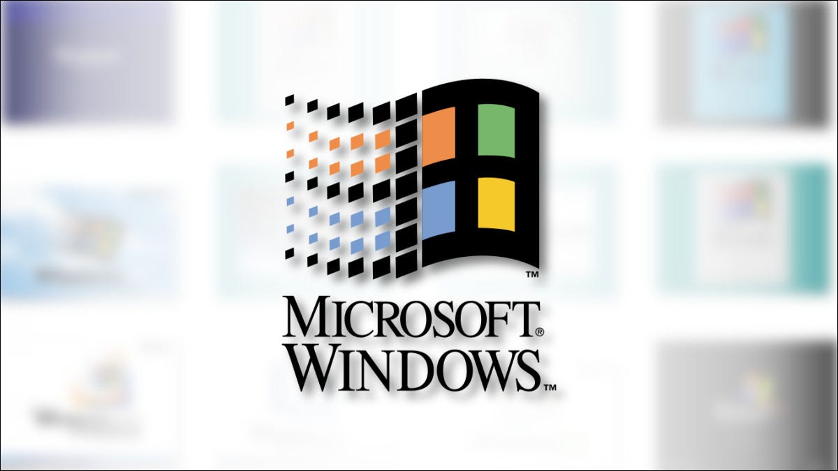 Um logotipo histórico do Microsoft Windows na frente de telas iniciais do Windows mais antigas