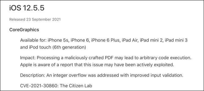 Log de atualização do iOS 12.5.5