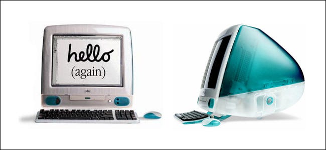 Vista frontal e lateral do computador Apple iMac original de 1998.