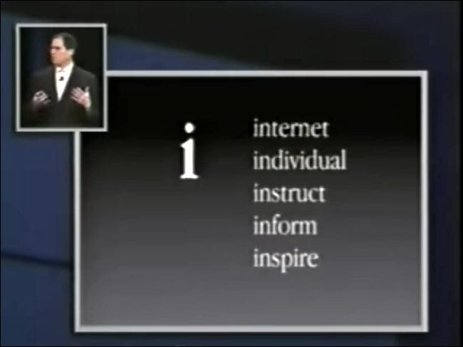 Um slide de palavras alternativas "i" da Apple de uma apresentação em maio de 1998.