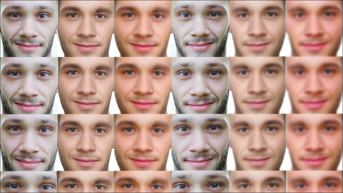 Uma série de faces geradas processualmente mostradas em um padrão de grade.