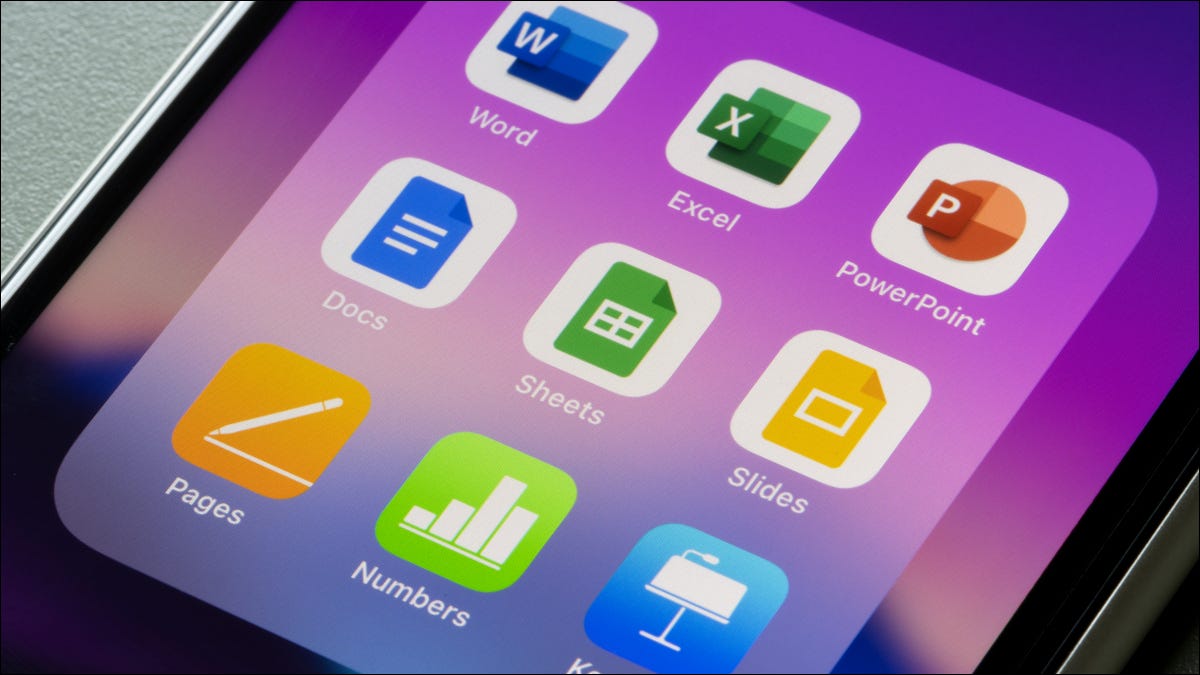 Uma tela de iPhone mostrando vários aplicativos de produtividade do Microsoft Office e da Apple juntos.
