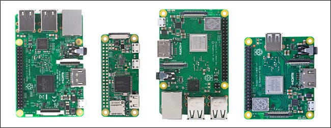 Quatro modelos de placas Raspberry Pi