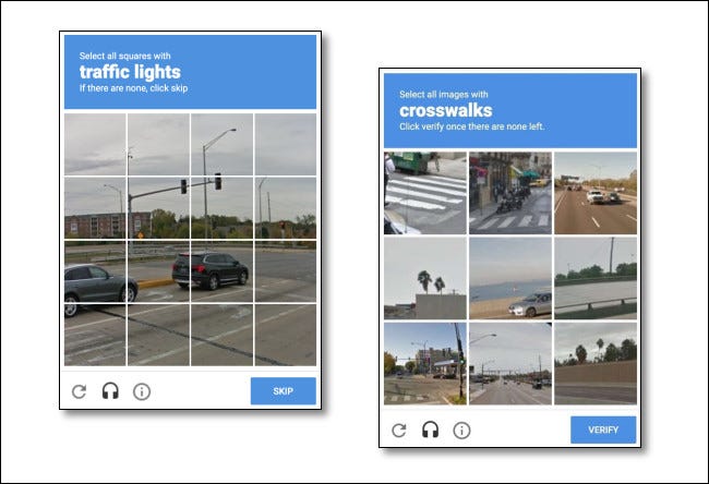Dois exemplos de desafio de visão reCAPTCHA.