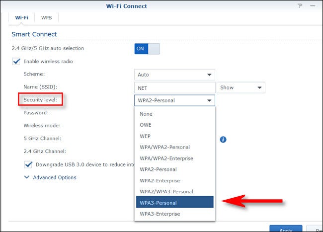 Selecione "Nível de segurança" e escolha o método de criptografia Wi-Fi.