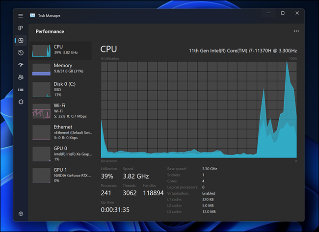 Modo escuro do gerenciador de tarefas do Windows 11