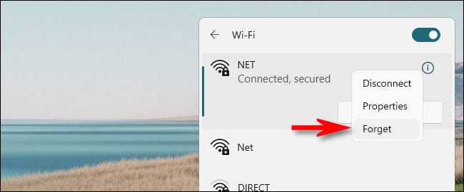 No Windows 11, clique com o botão direito do mouse na rede Wi-Fi e selecione “Esquecer”.