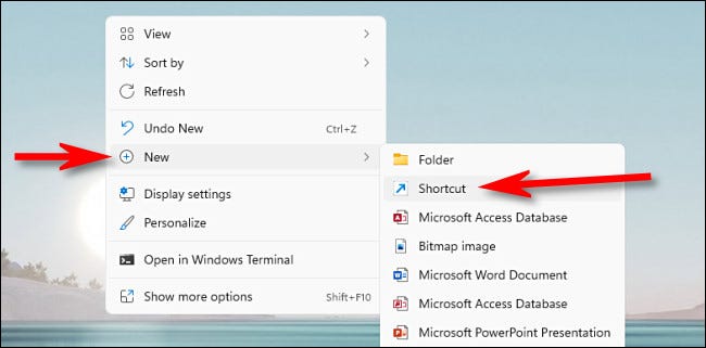 Clique com o botão direito do mouse na área de trabalho e selecione Novo > Atalho.