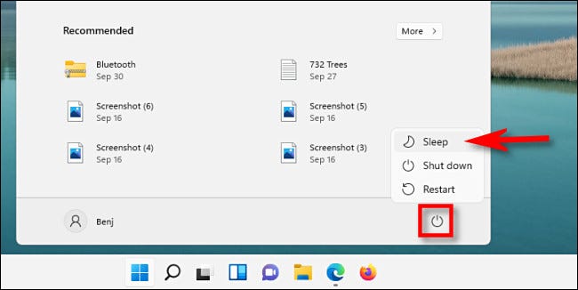 No menu Iniciar do Windows 11, clique no botão liga / desliga e selecione “Sleep”.