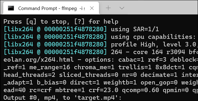 Progresso da conversão de MOV para MP4 no FFmpeg.
