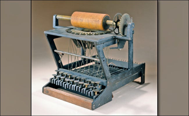 O modelo de patente de máquina de escrever Sholes de 1876