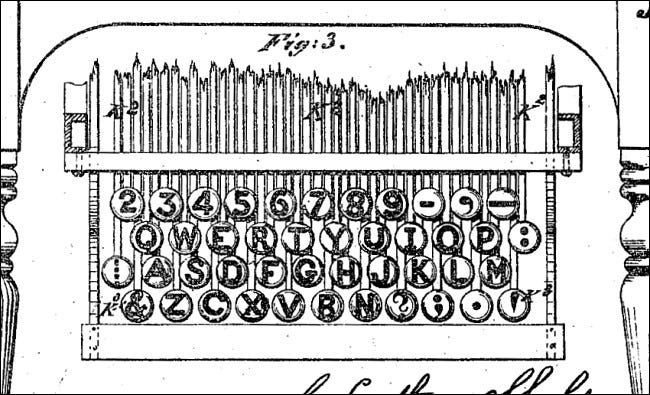 O teclado QWERTY na patente da máquina de escrever Sholes 1878.