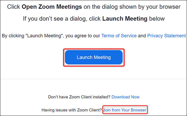 Escolha uma maneira de ingressar na reunião de teste do Zoom.