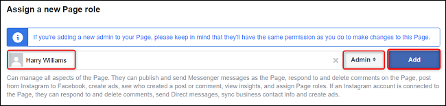 Add an admin to a page on Facebook on desktop.