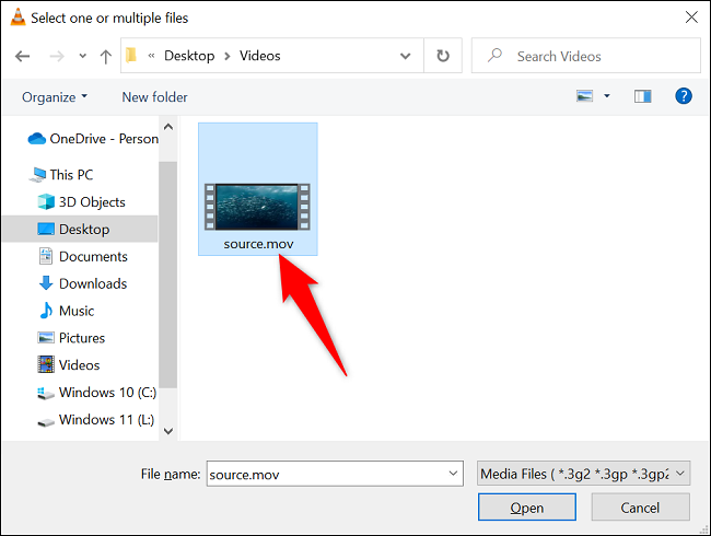 Selecione o arquivo MOV.