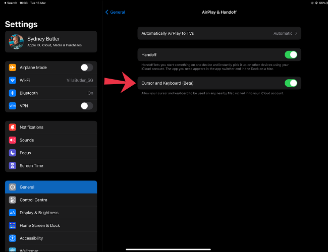 Nas configurações do AirPlay e Handoff, ative Handoff e cursor e teclado.