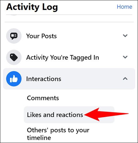 Selecione Interações > Curtidas e Reações à esquerda.