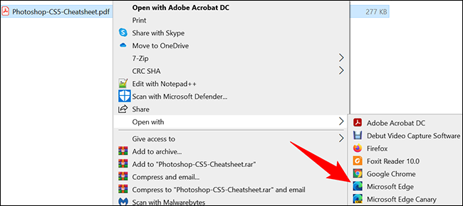 Clique com o botão direito do mouse no PDF e escolha Abrir com > Microsoft Edge.