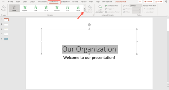 Abra a coleção de Animações do PowerPoint