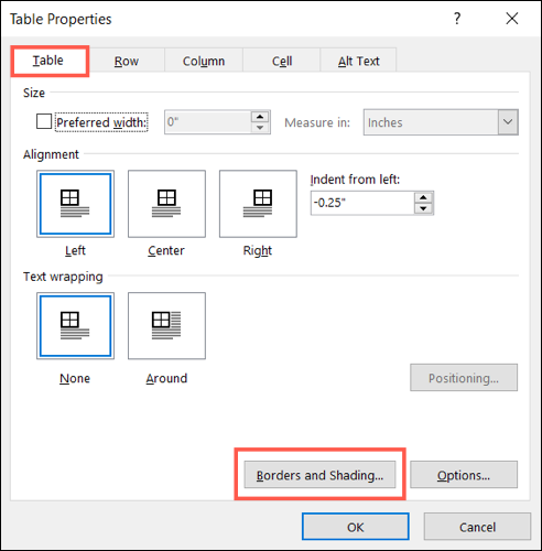 Borders and Shading on the Table tab