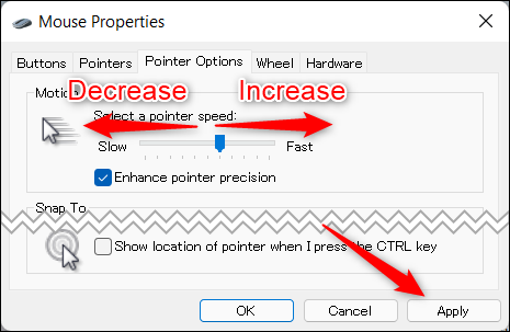 Change mouse speed in Control Panel.