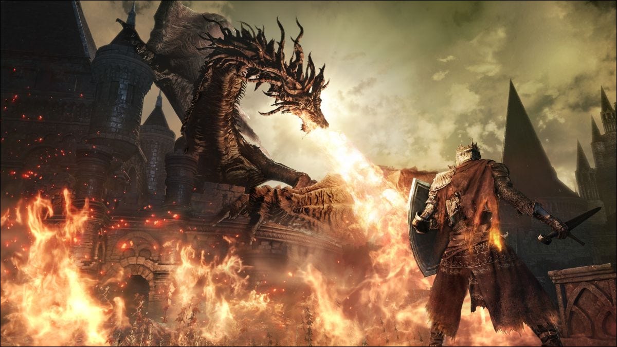 Dark Souls 3 jogador lutando contra um dragão.