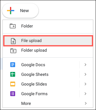 Upload de arquivo no menu do Google Drive
