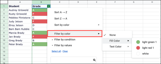 Filtrar por opções de cores no Planilhas Google