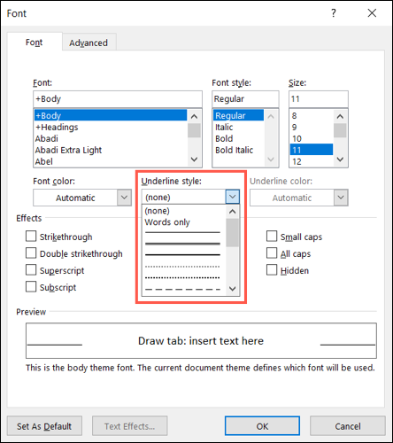 Underline Styles in the Font box