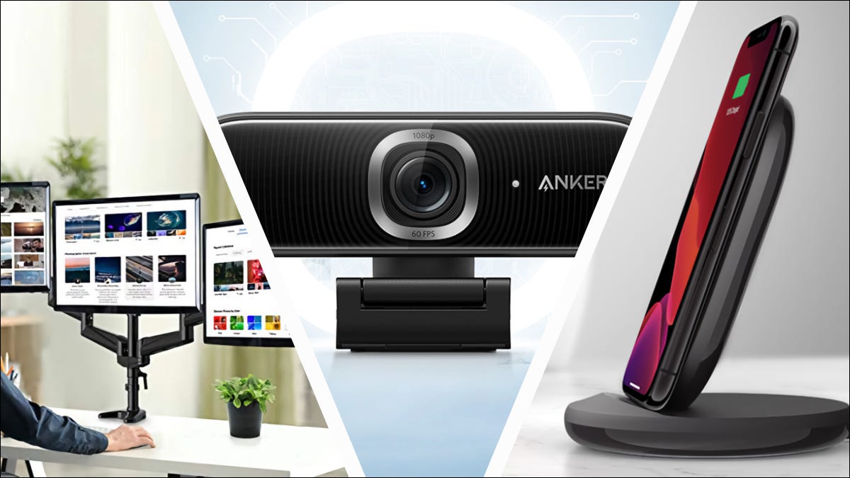 Ofertas Geek de instruções com a webcam Anker PowerConf C300, suporte de carregamento sem fio Belkin BOOST↑CHARGE e suporte de monitor triplo HUANUO HNTS3B