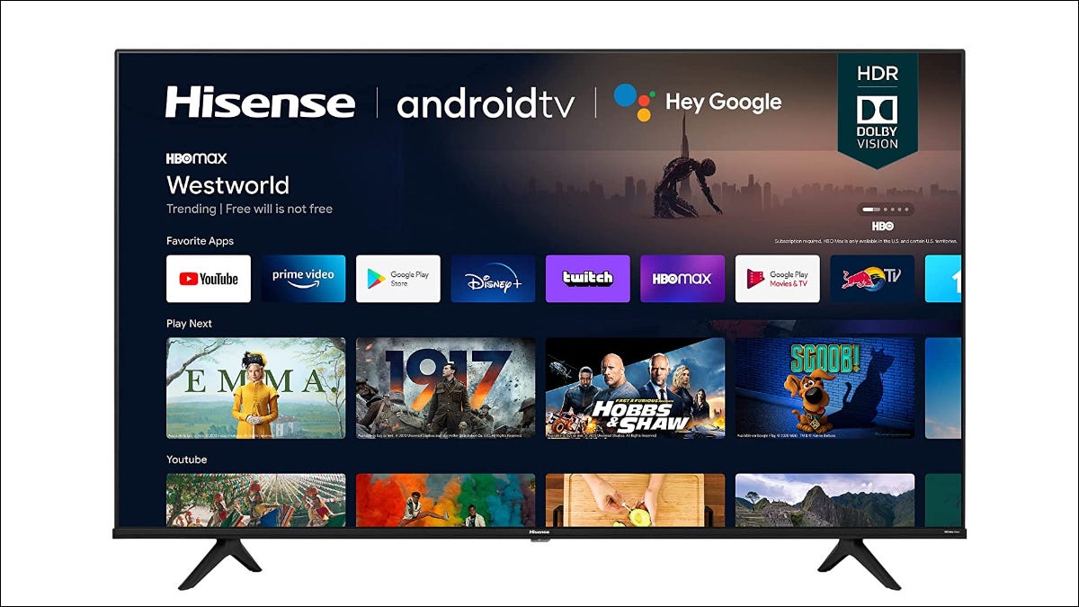 Smart TV Hisense 50A6G 4K com sobreposição de TV Android com Google Assistant, HBO Max, YouTube, Prime Video, Google Play Apps, Twitch, Google Play Filmes e TV e uma biblioteca de filmes